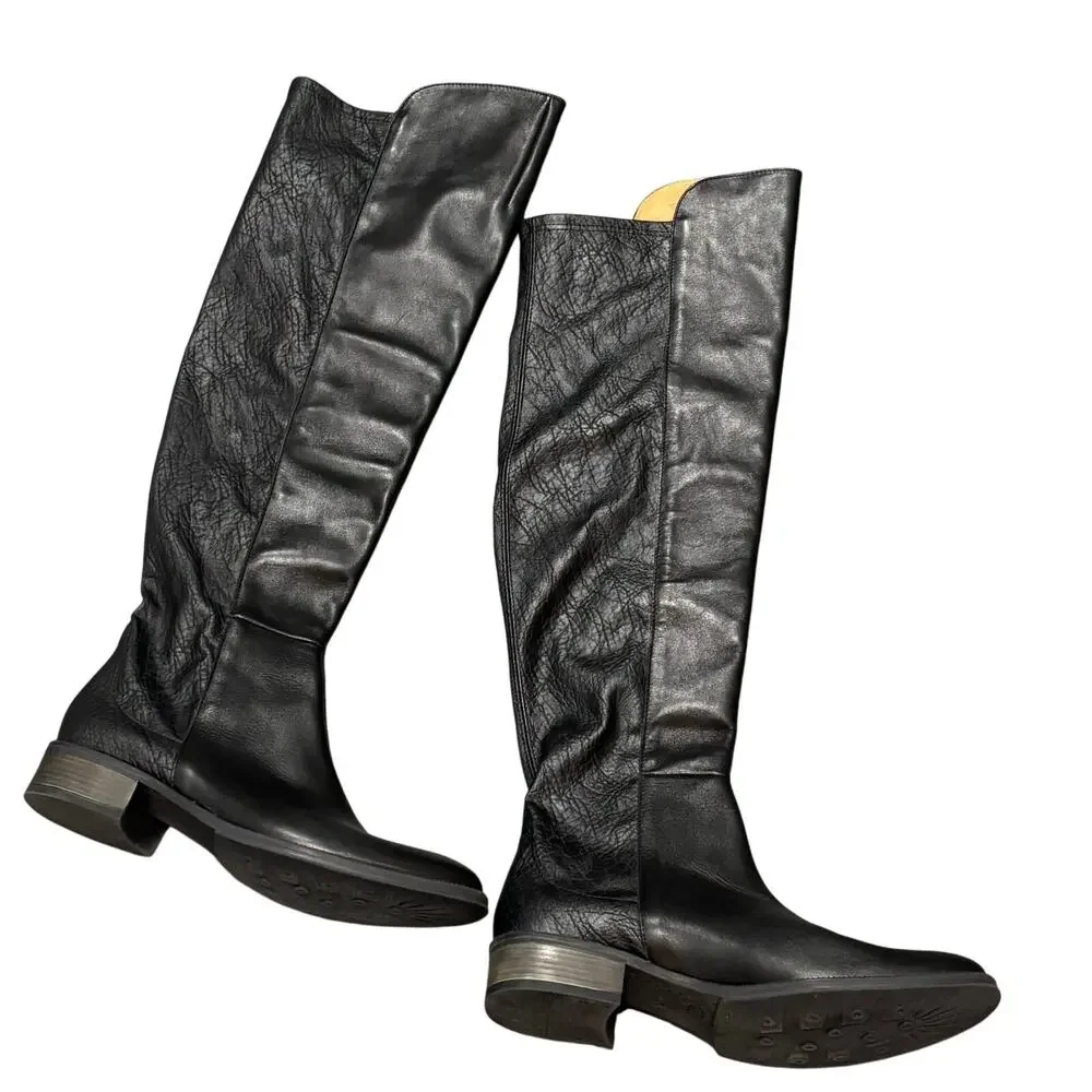 Sundance Sandrine Black Leather Pull-On Over the Knee Boots - size 38